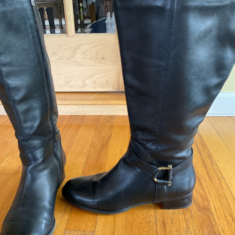Black Heeled Leather Boots with Equestrian Buckle Detail Wide Shaft